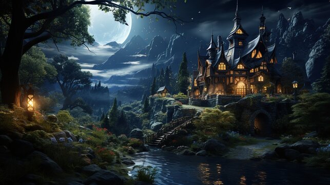Fairytale cute house in the forest. A cozy warm evening with lights. Fantasy style city.