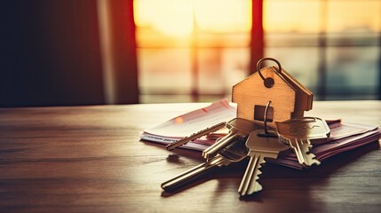 Keys on the table in new apartment or hotel room