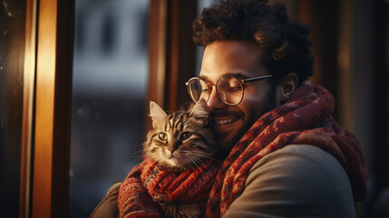 man with a cat in winter