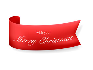 Merry Christmas Red Curved Ribbon. Merry Christmas lettering, vector illustration.