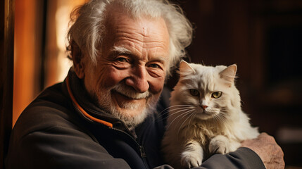 portrait of a senior man with his pet cat