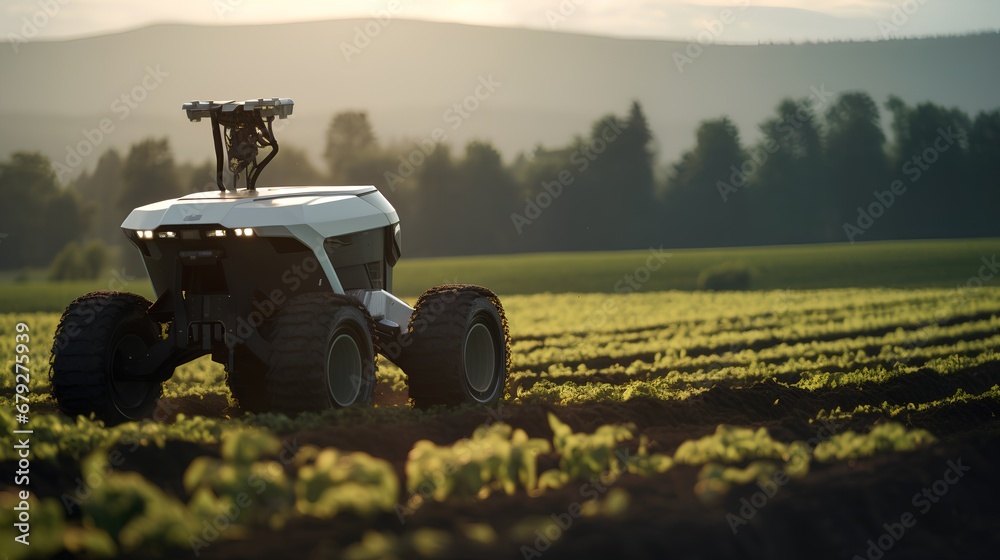 Poster autonomous robot equipped with sensors and ai technology working in an agricultural field, showcasin