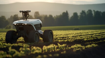 Autonomous robot equipped with sensors and AI technology working in an agricultural field, showcasing the innovative integration of smart farming automation for enhanced production efficiency. - obrazy, fototapety, plakaty