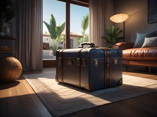 A vacation travel suitcase in a luxury holiday villa. Generative AI