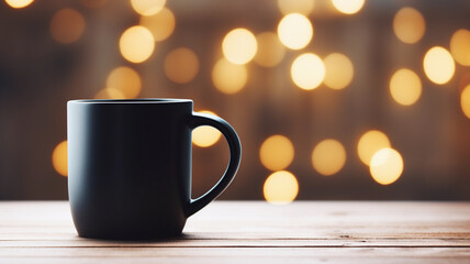 Obraz premium Black Mug Mockup Against the Background of Blurred Lights. Empty mug mock up for brand promotion.