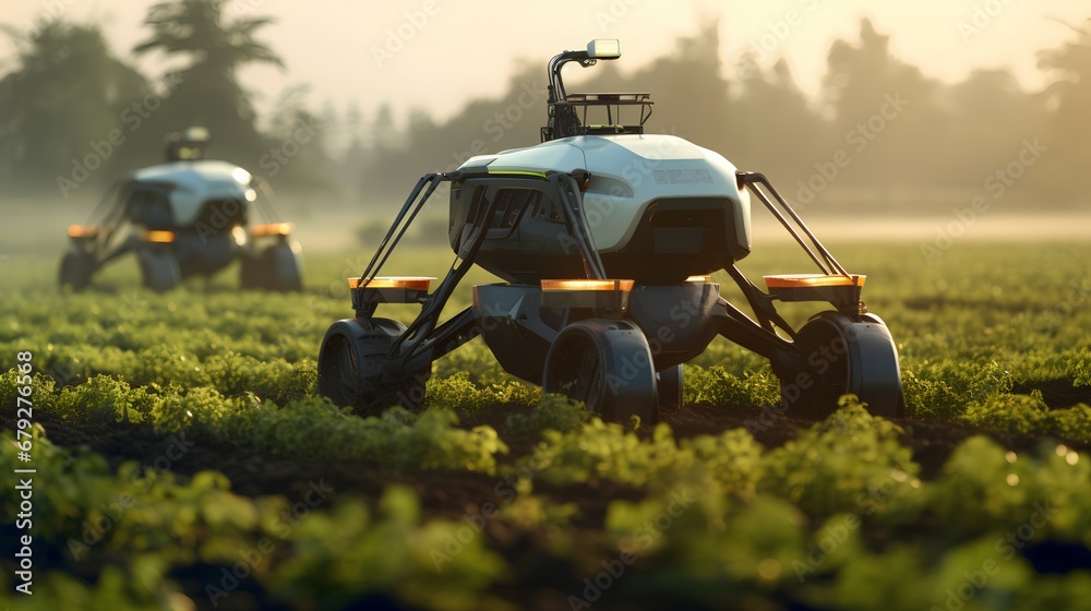 Poster autonomous robot equipped with sensors and ai technology working in an agricultural field, showcasin