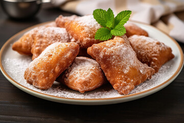 Sweet Pastries, deep-fried, with a sprinkle of powdered sugar, Delicious treats. Delicious pastries for breakfast. - obrazy, fototapety, plakaty