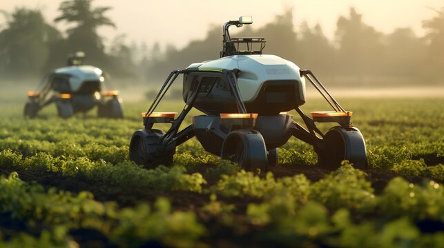 Autonomous robot equipped with sensors and AI technology working in an agricultural field, showcasing the innovative integration of smart farming automation for enhanced production efficiency.
