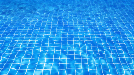 The blue tiles floor under the clear water in the swimming pool background, Swimming pool surface with floor mosaic tiles in blue