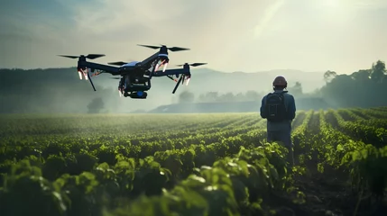 Deurstickers An advanced autonomous robot drone equipped with sensors and AI technology is operating in an agricultural field, showcasing the latest in smart farming automation and precision agriculture. © TensorSpark
