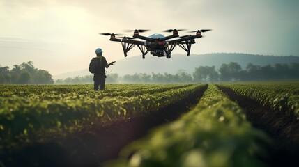 An advanced autonomous robot drone equipped with sensors and AI technology is operating in an agricultural field, showcasing the latest in smart farming automation and precision agriculture. - obrazy, fototapety, plakaty