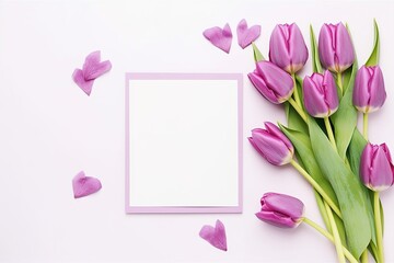 Bouquet Tulips on purple background. Mother's day, Valentine's Day, Birthday celebration concept. Greeting card. Copy space for text, top view
