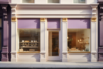 Purple cafe facade, modern pastry shop, purple and gold, urban street frontal view. - obrazy, fototapety, plakaty