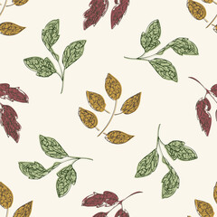 Fall leaf vector seamless background pattern. Autumn background with leaves on neutral ecru beige backdrop. Scattered sprigs all over print. Decorative botanical repeat for fabric, wrapping, wallpaper