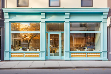 Pastry cafe teal storefront facade with gold accents, large windows.