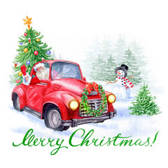 Watercolor Santa rides from the forest in his red truck with Christmas tree.. Snowman on snow way and white background Christmas card