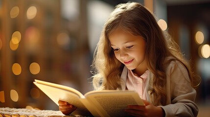 Little Girl Reading Book in library closeup