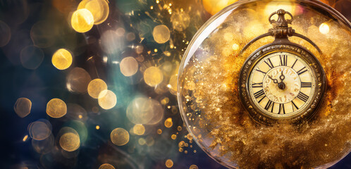 Vintage clock face over golden bokeh background. New Year concept - AI generated illustration - obrazy, fototapety, plakaty