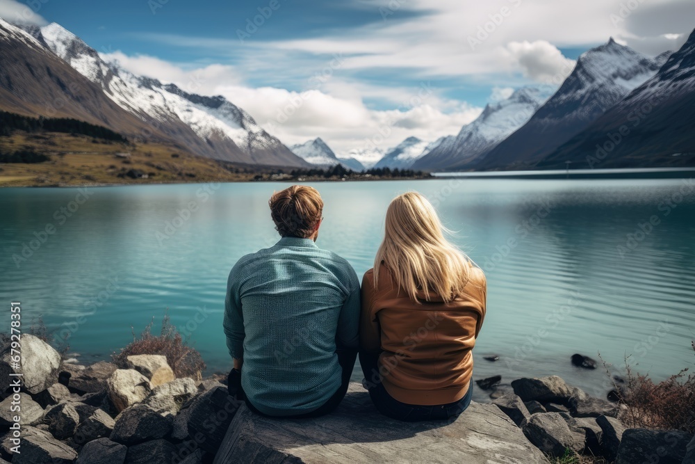 Sticker Couple sitting on a bench in front of a lake and looking at the mountains, rear view of Travelers couple looking at the mountain lake, AI Generated