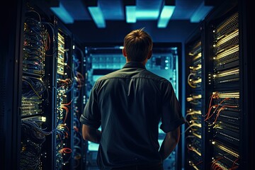 Rear view of young man standing in datacenter server room, rear view of the Technician repairing the server in the data center. Technology and internet concept, AI Generated