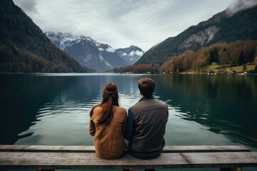 Couple in love sitting on a wooden pier and looking at the alpine lake, rear view of Travelers...
