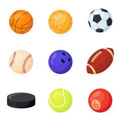 Obraz premium Sports balls. Kit of equipment for games, cartoon hockey, soccer, baseball, basketball, rugby and billiard, tennis and bowling, pool football set, neat flat png