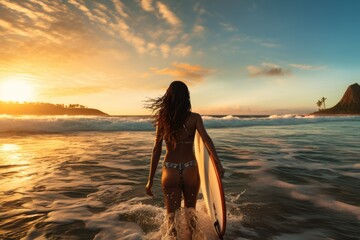 Surfer girl with surfboard on the beach at sunset. Beautiful young woman in bikini with surfboard, rear view of woman surfer running in the ocean with a surfboard, AI Generated - Powered by Adobe