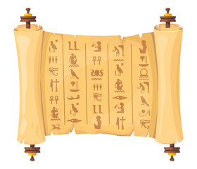 Egyptian papyrus scroll. Ancient egyptians hieroglyphs on old paper, egypt historical archaeological manuscript with pharaoh and pyramid, neat cartoon png letters
