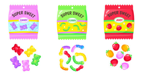Jelly bears pack. Mix of gummy candies, marmalade colorful sweets for kids, sugar food, neat cartoon abstract png - obrazy, fototapety, plakaty