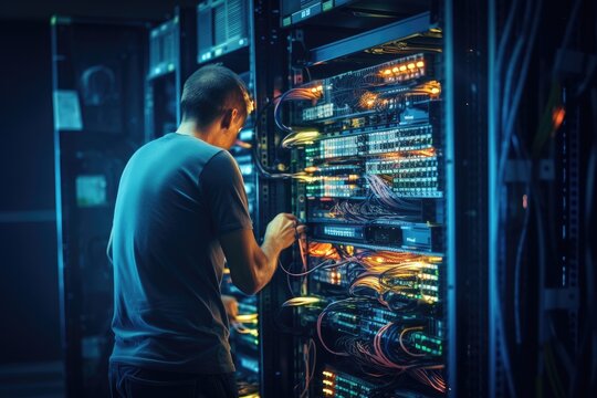 Young technician working with servers in a datacenter. Internet and technology concept, rear view of the Technician repairing the server in the data center. Technology and internet, AI Generated