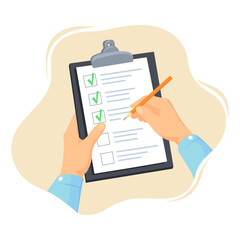 Hands holding checklist. Clipboard with paper list, hand tick pen checkmarks, checkboxes notes in test document, questionnaire survey form, assessment sheet