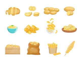 Cartoon potato product. Chips vegetable, food ingredients, bag box potatoes, vegan dishes slice, pancakes french fries snacks, cooked products, set exact isolated png illustration
