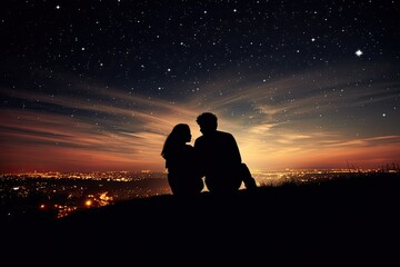 Silhouette of loving couple on the background of night sky with stars, rear view silhouettes of a couple sitting on the top of the hill looking and pointing out at shooting, AI Generated