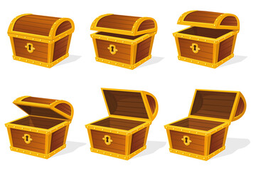 Chest animation. Empty treasure box, open and closed medieval ancient wooden cartoon chests, game old pirate treasures, lock boxes for gold, isolated neat png icon