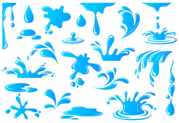 Current drops. Cartoon water splash drop, drip rain droplet, liquid tear, spill moisture falling raindrop on surface, nature sea spray, set neat png icons