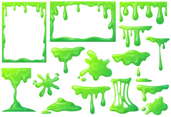 Slime frame. Cartoon mucus green goo drip sticky slimy mucus, liquid splash splatter, viscous snot, blob poison, splodge glow glue jelly, neat png icon - obrazy, fototapety, plakaty