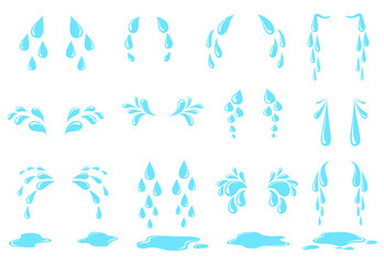 Cartoon sweat tear. Cry tears drops, puddle water droplets, drip falling drop, simple raindrop, watery eyes expression despair, neat isolated icon png illustration - obrazy, fototapety, plakaty