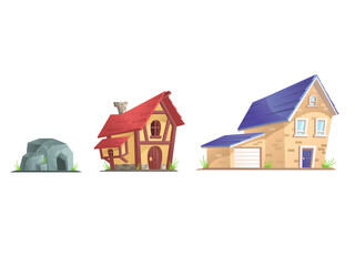 Fototapeta premium House evolution. Modern cottage, antique and medieval houses, stone age history, cartoon mansion, primitive dwelling, decent png illustration
