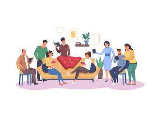 Group readers. People reading books together, Young man and woman read book, diverse group student study library literature, flat garish png illustration