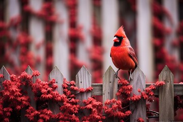 Male Northern Cardinal perched on a fence with red flowers in the background, red bird like a cardinal sitting on a fence, AI Generated - Powered by Adobe