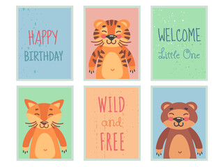 Little tiger invitation. Baby animal poster, cute bear, doodles fox, poster design childish print greeting card baby shower, cartoon kids character, set decent png illustration