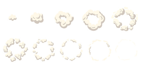 Cartoon smoke animation. Animated cloud explosion dust, sprite frame sheet exhaust gas, blast boom motion effect for game, explode bomb puff fx, comic bang, cartoon neat png