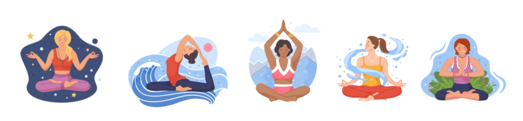 Foto op Plexiglas Yogas tranquil women. Exercise yoga, meditate, spiritual wellness, deep Breath, balance nature, yogas pose, isolated swanky png illustration © ssstocker