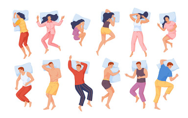 People sleeping poses. Woman man sleep position in bed, person posture top view, girl lying side hug pillow, body fetal pose, healthy back, night dream - obrazy, fototapety, plakaty