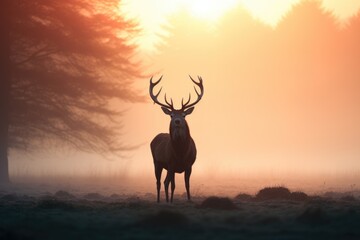 Red Deer Cervus elaphus stag during rutting season on a foggy morning, Red deer stag silhouette in the mist, AI Generated