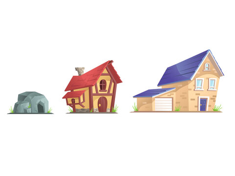 House evolution. Modern cottage, antique and medieval houses, stone age history, cartoon mansion, primitive dwelling, decent png illustration