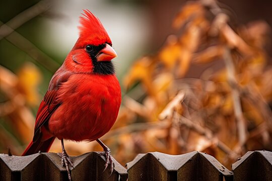 Northern Cardinal cardinalis cardinalis perched on a fence, red bird like a cardinal sitting on a fence, AI Generated - Powered by Adobe
