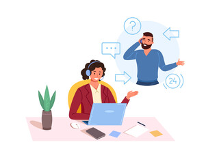 Customers care worker. Call center consultant talking phone with client, customer service support, contact information, assistant manager support, icon garish png illustration
