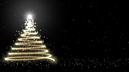 Christmas Tree Digital Illustration Card on Black Background. Copy Space