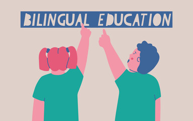 Boy and girl point with fingers at the inscription bilingual education. Vector isolated illustration.